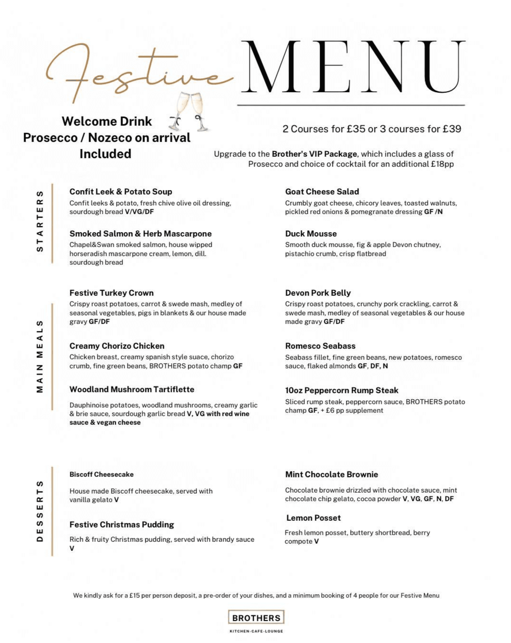 The updated Brothers festive menu: two courses for £35 or three courses for £39, with a Prosecco or Nozeco welcome drink included.
