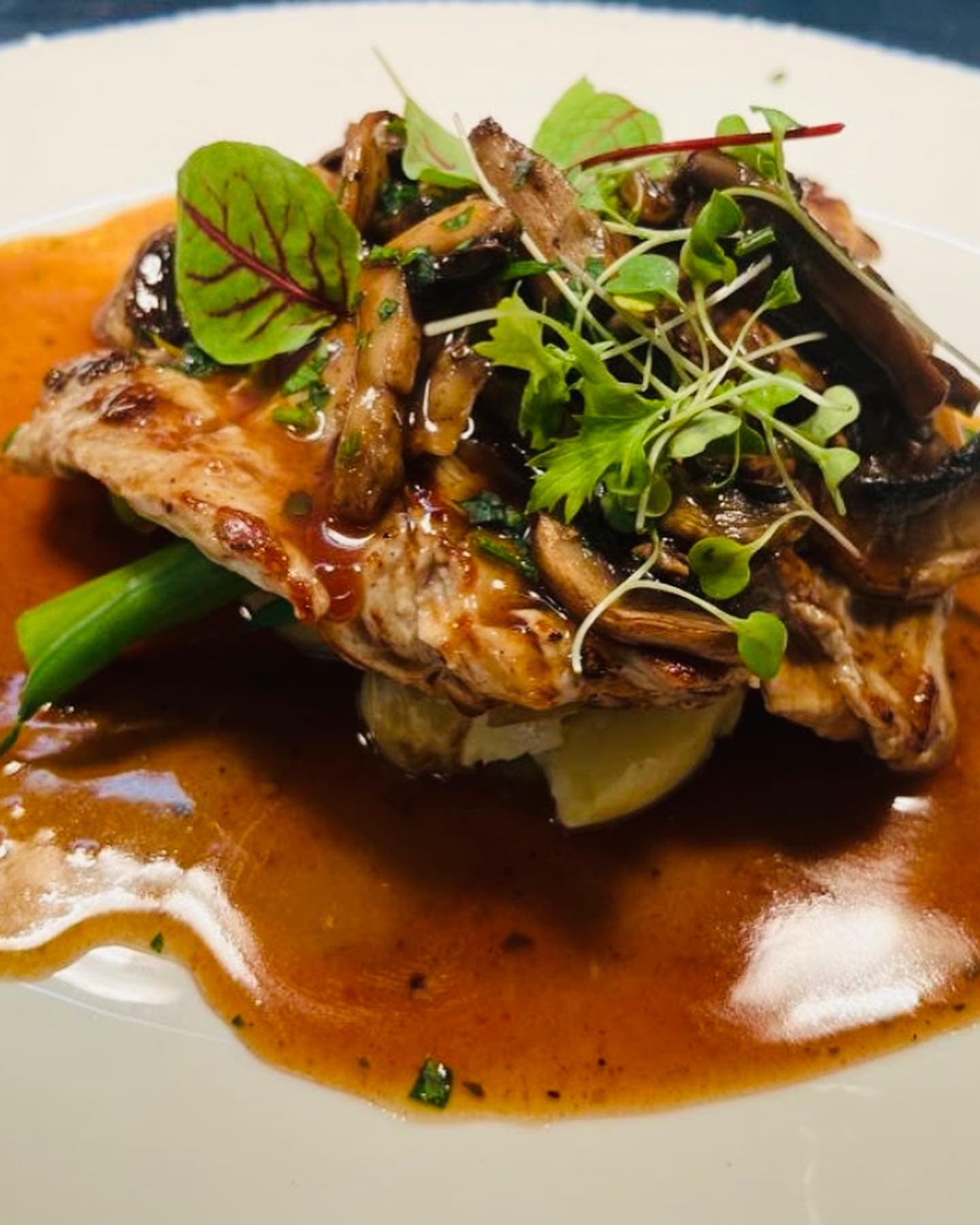 Slow-braised meat in a glossy dark gravy with pak choi and micro herbs
