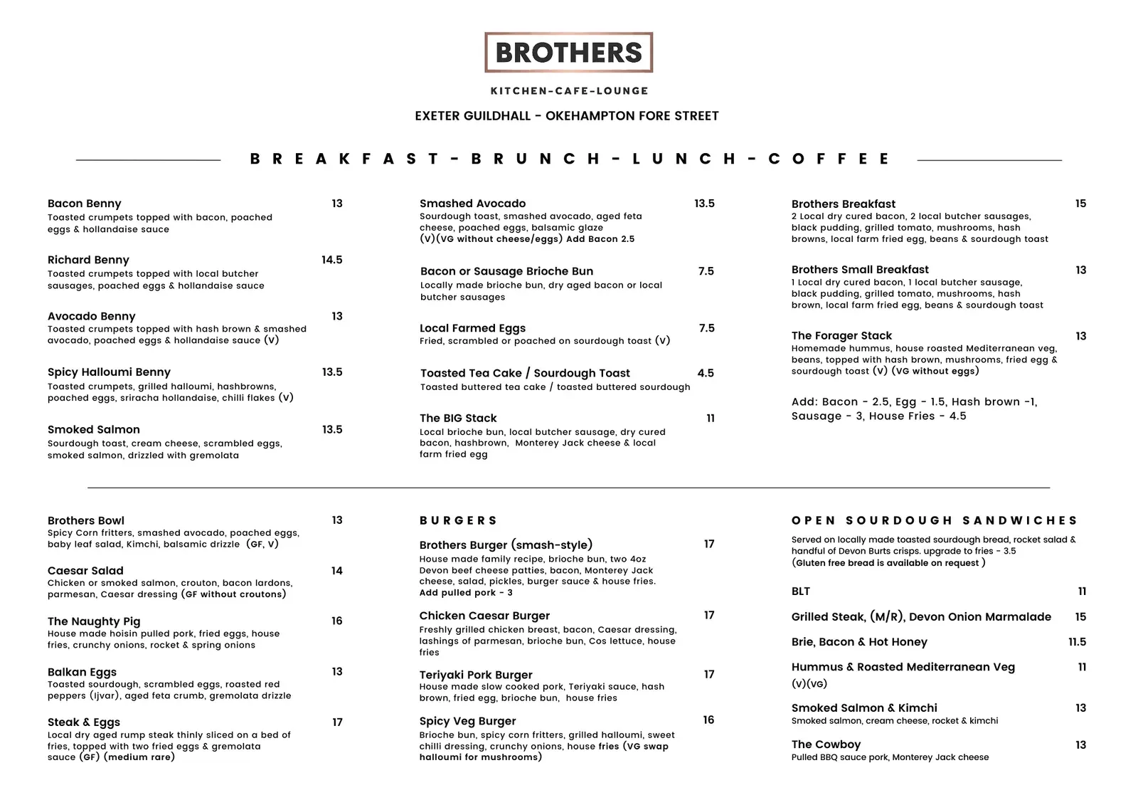 The printed Brothers breakfast, brunch and lunch menu as displayed in the venue