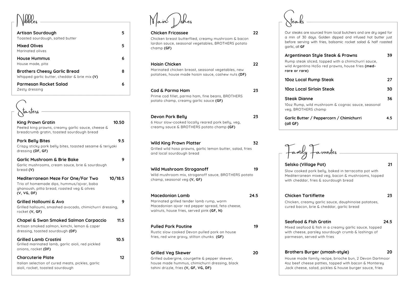 The printed Brothers evening menu as displayed in the venue