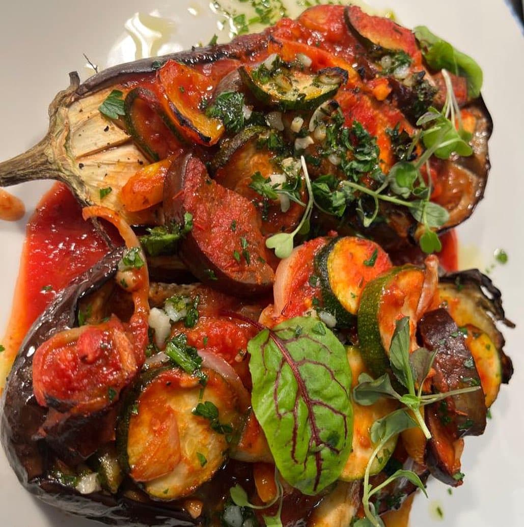Roasted vegetables with chorizo, courgette, tomato and chard