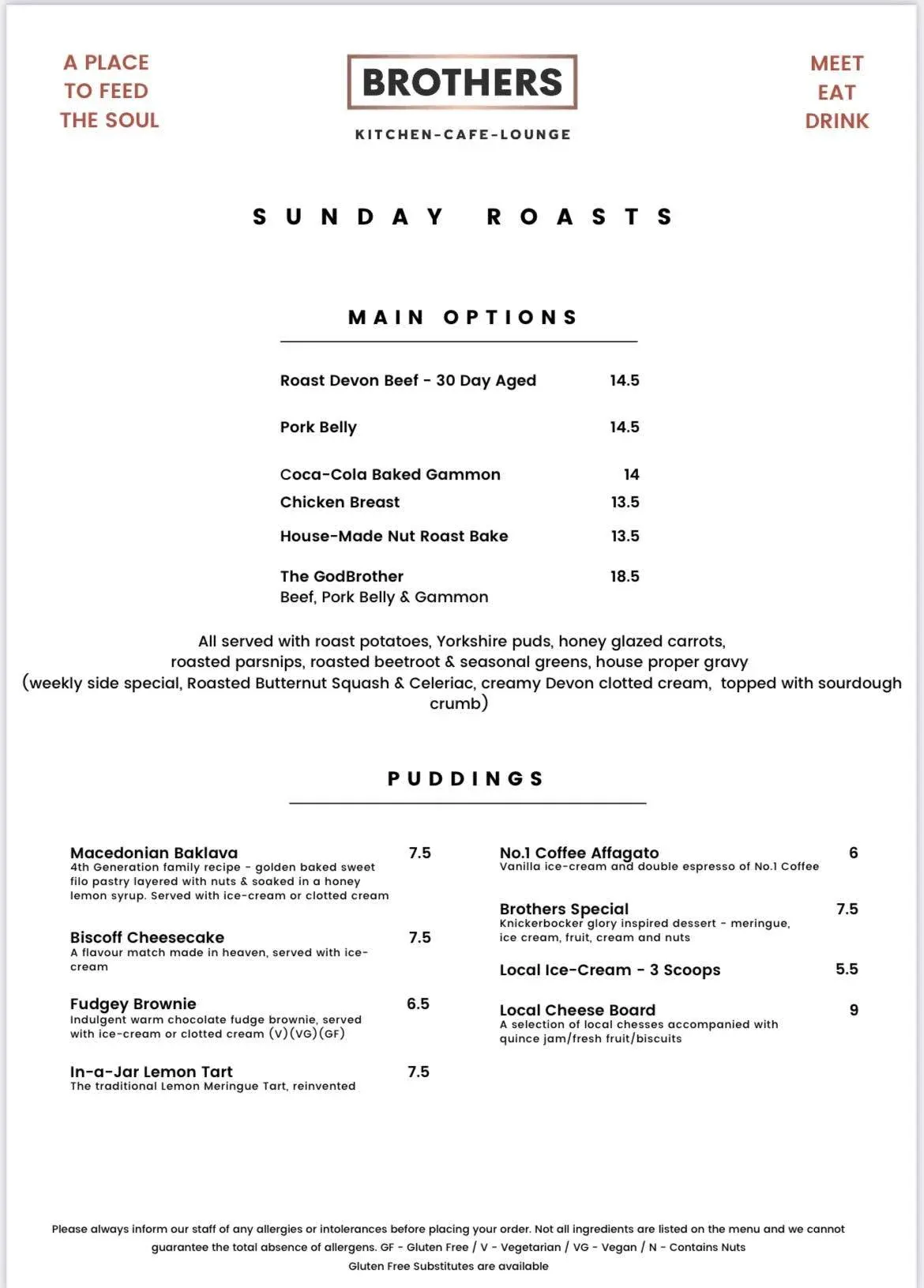 The printed Brothers Sunday roasts menu